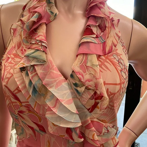 Kay Unger 100% Silk vintage midi maxi dress pink lined halter ruffles XS S - Picture 16 of 16